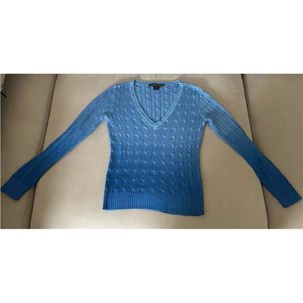 SOLD! Ralph Lauren Black Label blue Ombré 100% Silk Cable Knit Sweater Sz M EUC